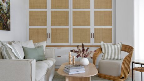 White and rattan joinery in sitting room designed by @CG design Studio