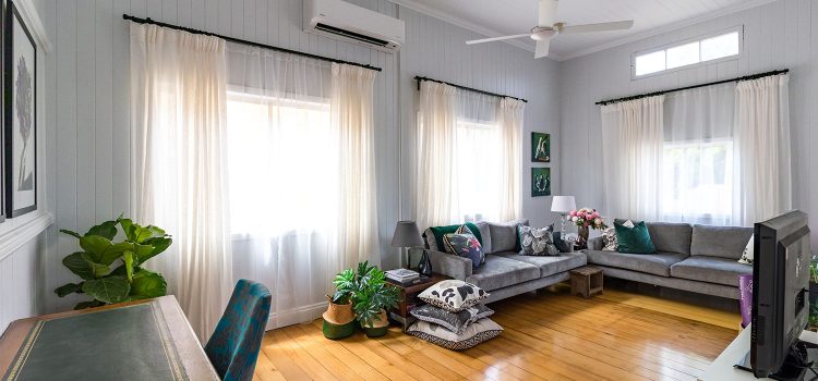 Grey lounge room with white feature trim