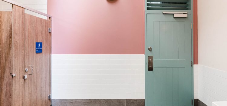 Pink and aqua features in bathroom