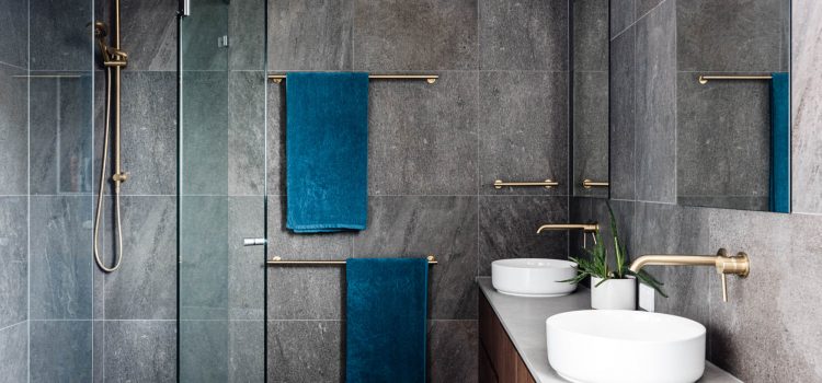 Dark Bathroom Tiles with Brass Taps