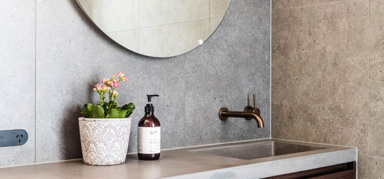 Walnut vanity with cement vanity